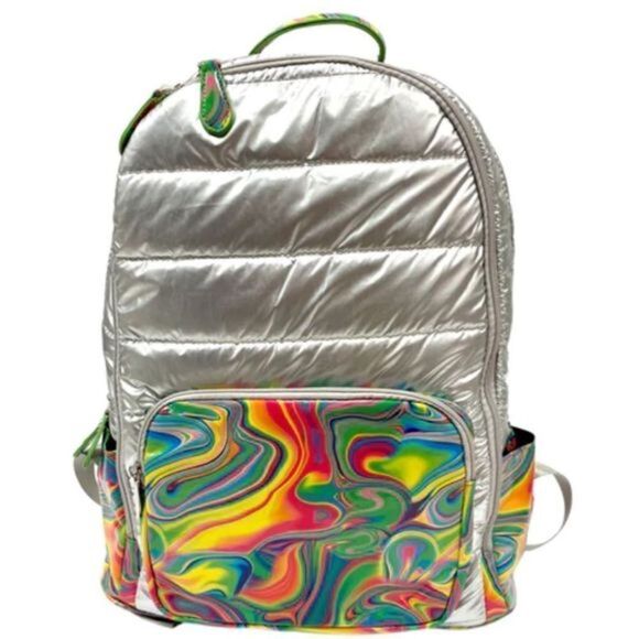 New Anthropologie x Bari Lynn Neon Rainbow Swirl Silver Puffer Backpack - Picture 1 of 8